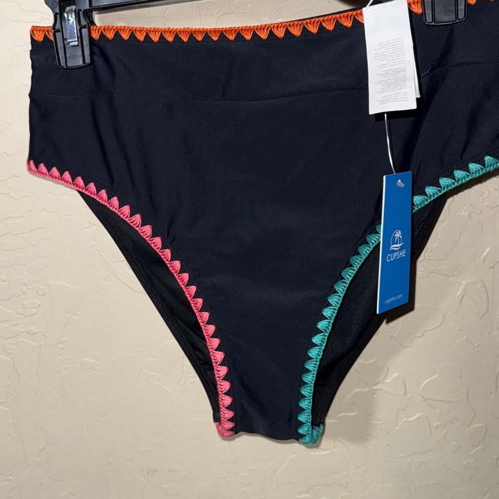 CUPSHE swimsuit black Tank midkini Wide Straps rainbow stitching size M - Picture 4 of 9